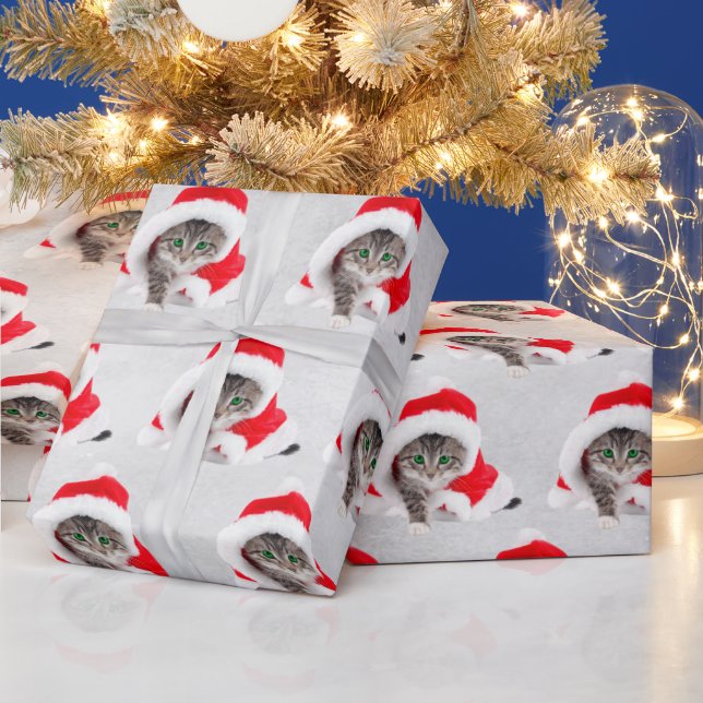 Papier Cadeau Kitten De Noël En Casquette Sur Grey (Vacances)