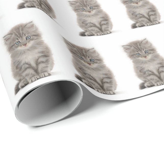 Papier Cadeau Kitten Fluffé Gris Sur Blanc (Coin rond)
