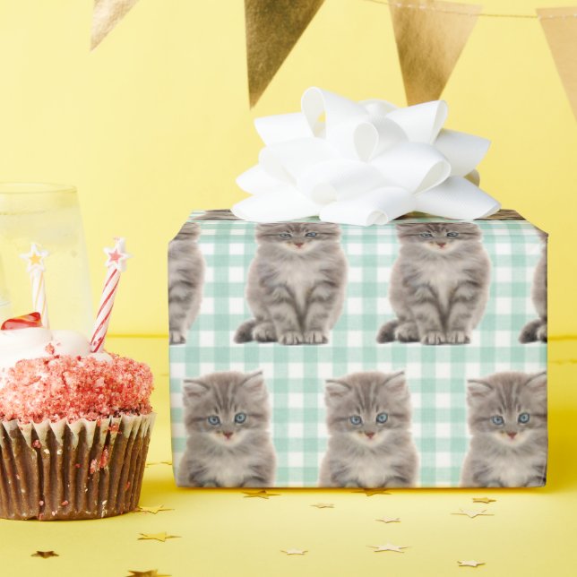 Papier Cadeau Kitten gris sur En vichy vert et blanc (Fête d'anniversaire)
