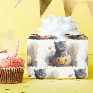 Papier Cadeau Kitten Halloween aquarelle dans une citrouille