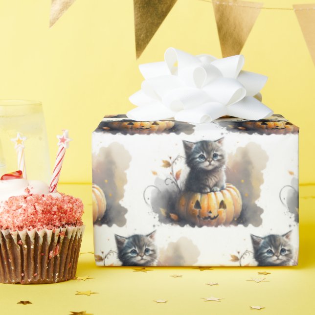 Papier Cadeau Kitten Halloween aquarelle dans une citrouille (Fête d'anniversaire)