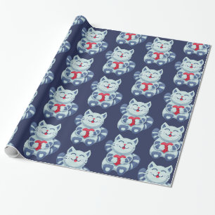 Papier Cadeau Kitty Avec Coeur En Amour Cute Bleu Chat