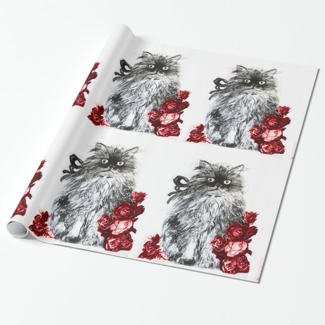 Papier Cadeau KITTY CAT / KITTEN AVEC ROSES ROSES ROUGES Noir Bl (Déroulé)