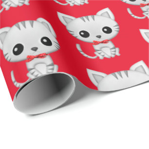 Papier Cadeau Kitty gris sur rouge