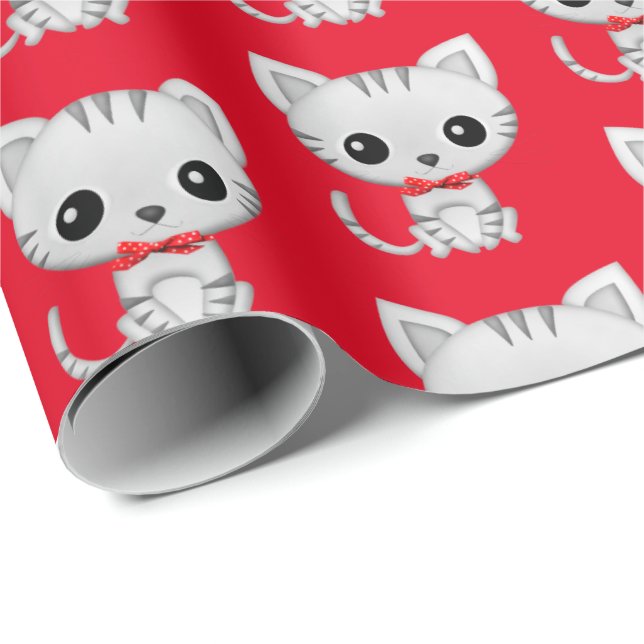 Papier Cadeau Kitty gris sur rouge (Coin rond)