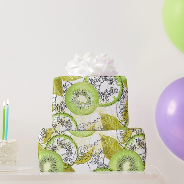 Papier Cadeau Kiwi, fruité, vert et blanc, frais, juteux, blanc (Cadeaux de fête)