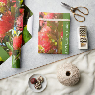 PAPIER CADEAU KIWI NZ ROUGE VERT POHUTUKAWA FLEURS XMAS MESSAGE