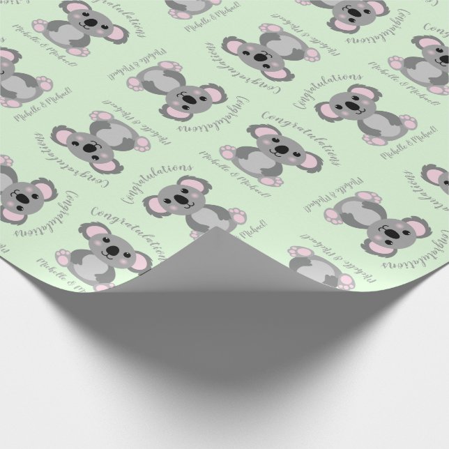 Papier Cadeau Koala Bear Baby shower vert genre neutre (Coin)