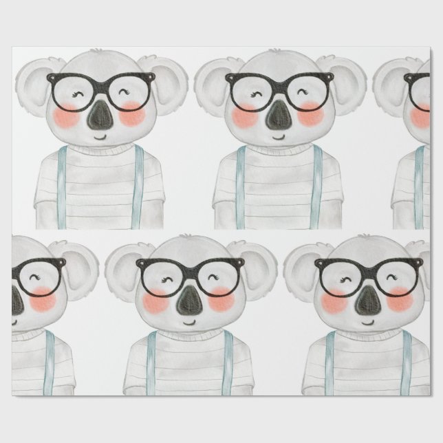 Papier Cadeau Koala mignon à l'aquarelle avec des lunettes (Plat)
