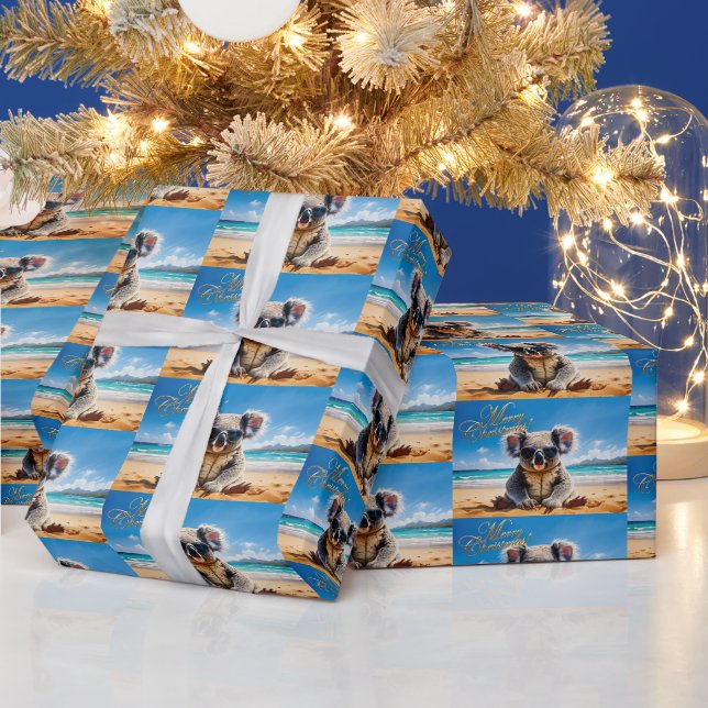 Papier Cadeau Koala sur une plage de sable Joyeux Noël (Vacances)