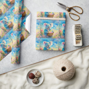 Papier Cadeau Koala tenant un panier d'œufs de Pâques