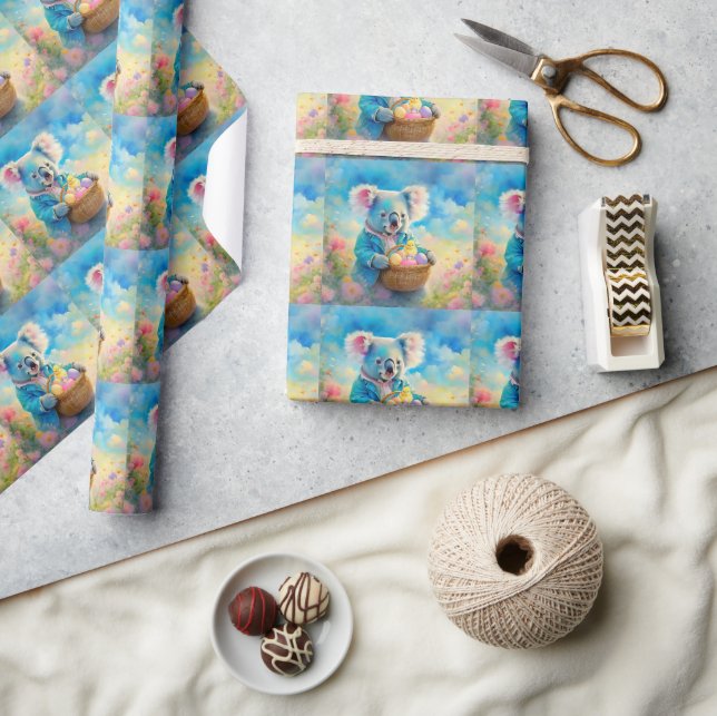 Papier Cadeau Koala tenant un panier d'œufs de Pâques (Artisanat)