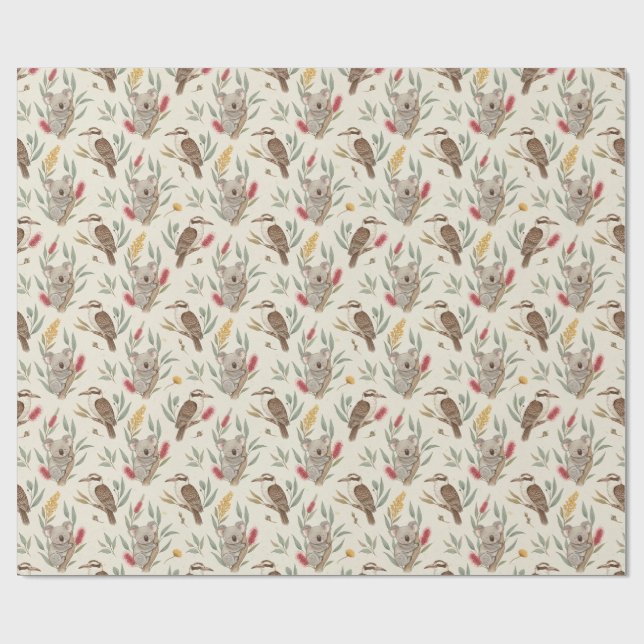 Papier Cadeau Koalas australiens, Kookaburras et Flore Native (Plat)