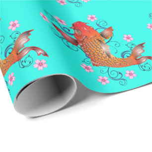 Papier Cadeau Koi poisson oriental floral orange turquoise éléga