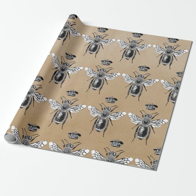 Papier Cadeau Kraft moderne Vintage Queen Bee Crown (Déroulé)