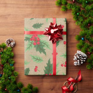 Papier Cadeau Kraft Noël Rustique Vintage Houx Baies Rouges
