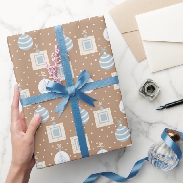 Papier Cadeau KRAFT ORNAMES DE NOËL BROWN et BLEU (Cadeaux)