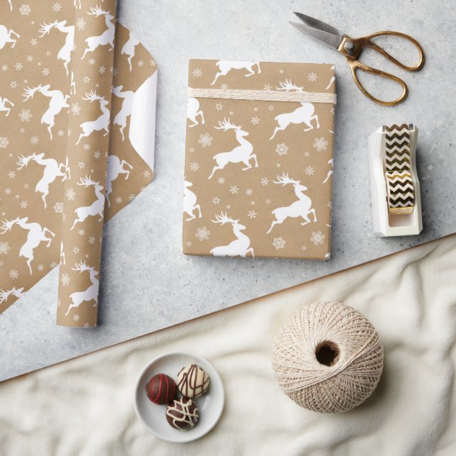 Papier Cadeau Kraft Paper Reindeer Motif White ID589 (Artisanat)