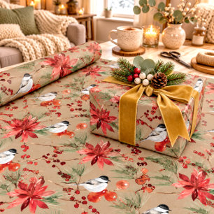 Papier Cadeau Kraft rustique mésanges Baies rouges et poinsettia