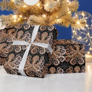 Papier Cadeau Kraken Steampunk Octopus Ornate Gold et Noir
