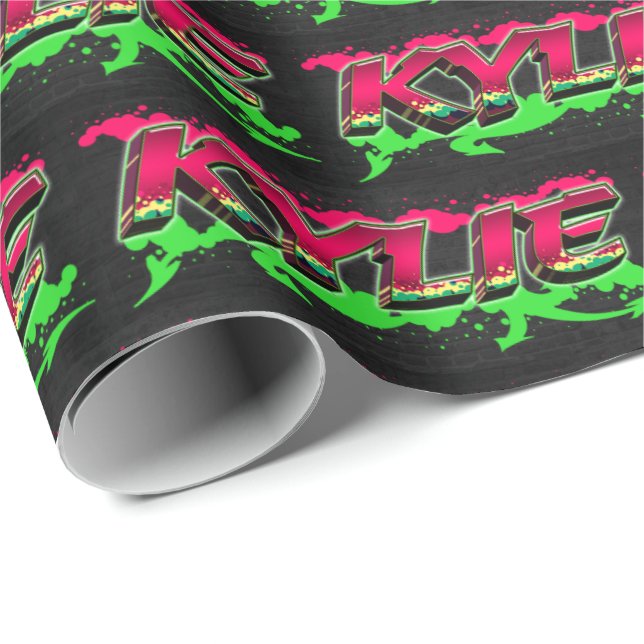 Papier Cadeau Kylie prénom nom graffiti rouge vert (Coin rond)
