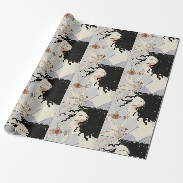 PAPIER CADEAU LA BOHEME, DAME AVEC BOUTEILLE DE PARFUME ART DÉCO (Déroulé)