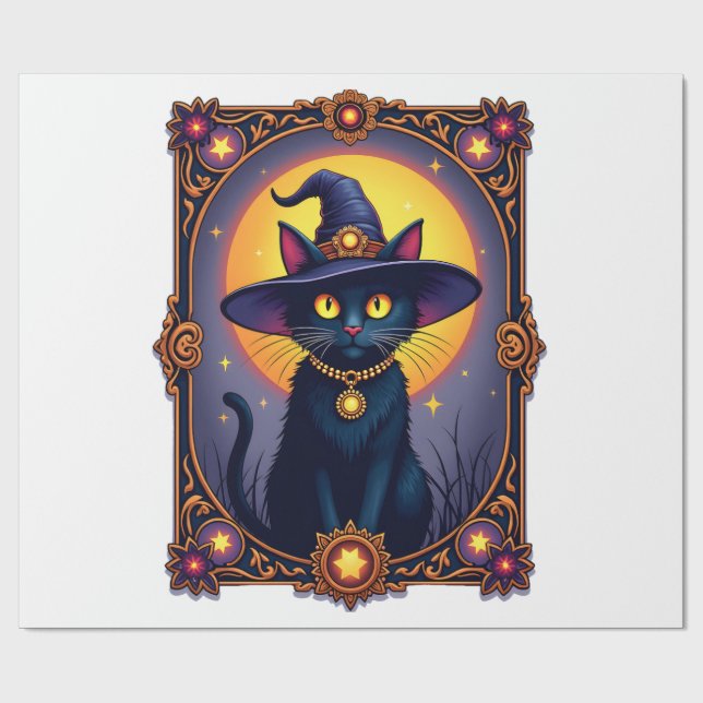 Papier Cadeau La carte de tarot chat sorcière Halloween gothique (Plat)