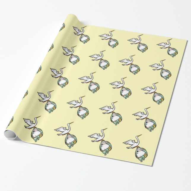 Papier Cadeau La cigogne porte un bébé jaune (Déroulé)