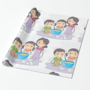 Papier Cadeau La famille cuisine ensemble Maman et les enfants c