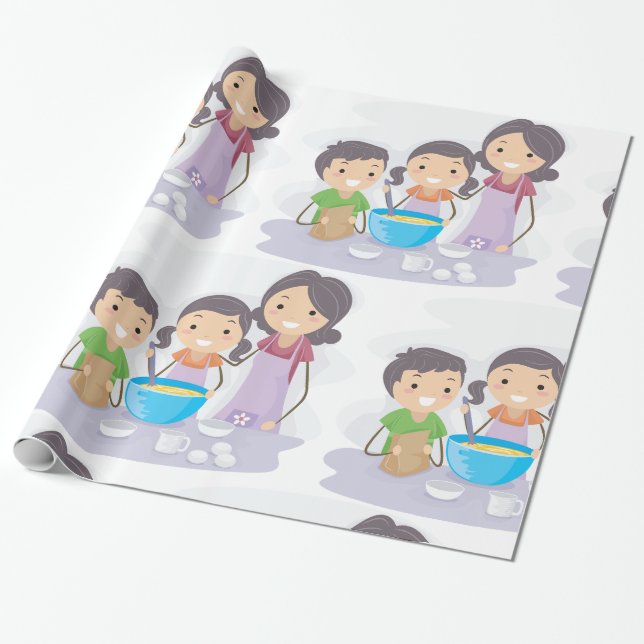 Papier Cadeau La famille cuisine ensemble Maman et les enfants c (Déroulé)