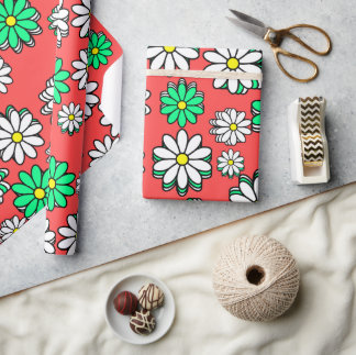 Papier Cadeau La Fête : Festive Rouge & Vert Daisy Cheer