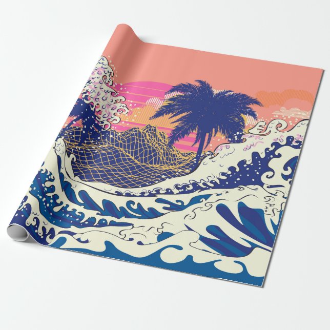 Papier Cadeau La grande vague des kanagawa et des palmiers (Déroulé)
