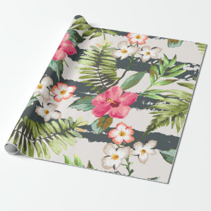 Papier Cadeau La ketmie tropicale fleurit le motif de rayures de