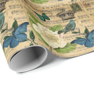 Papier Cadeau la musique vintage d'oiseau de couronne note