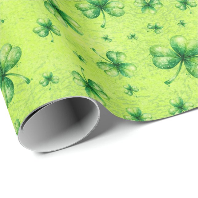 Papier Cadeau La Saint-Patrick Shamrock aquarelle sur fond vert (Coin rond)