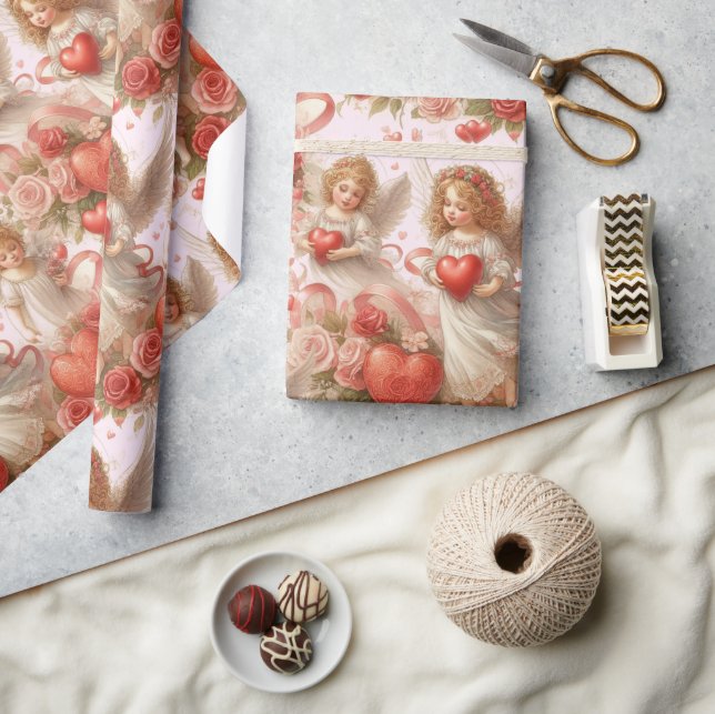 Papier Cadeau La Saint-Valentin coeurs et anges des vacances  (Artisanat)