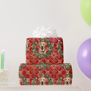 Papier Cadeau Labrador de Noël sur fond de flocon de neige rouge