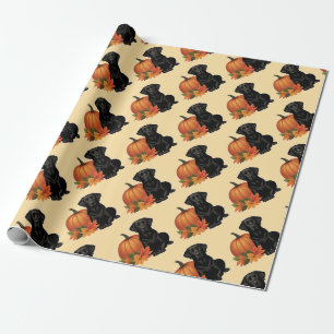 Papier Cadeau Labrador Noir avec feuilles d'automne et Citrouill