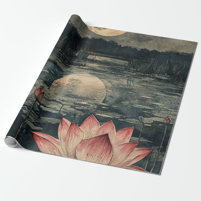 Papier Cadeau Lac de lotus au clair de lune (4) (Déroulé)