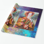PAPIER CADEAU LADY ROMANTIQUE AVEC PÂTE EN PEACOCK<br><div class="desc">Peinture contemporaine originale aquarelle avec feuille d'or et couleurs irisées en vert clair, orange jaune, turquoise, turquase, blanc.Elégante, belle femme brune sophistiquée, rouge, vert brillant d'or tissus d'un costume baroque avec plumes paon.Peinture de Bulgan Lumini (c).Ce design cool et artistique est parfait pour les mariages, douches nuptiales, 16, anniversaire de...</div>