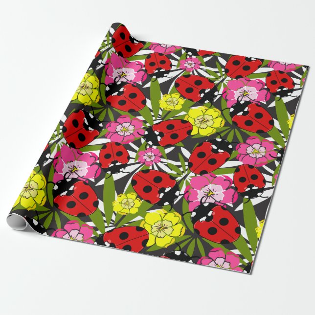 Papier Cadeau Ladybugs et fleurs Joli Motif d'insectes de jardin (Déroulé)