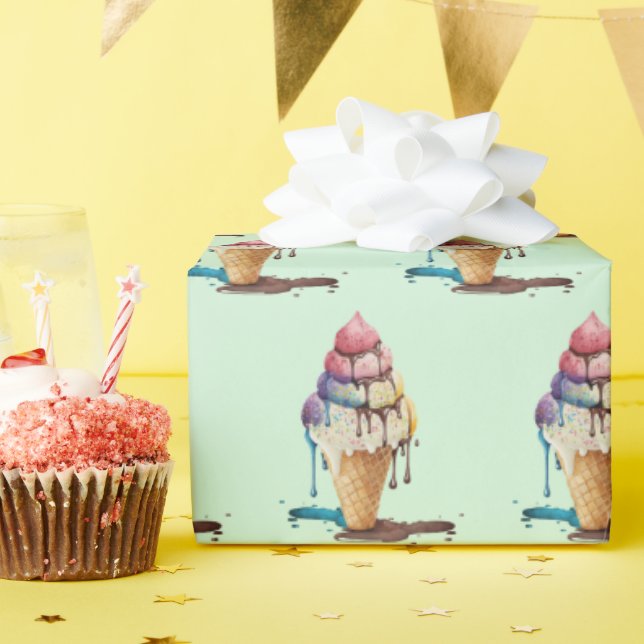 Papier Cadeau Laisser couler le cône de crème glacée sur vert (Fête d'anniversaire)