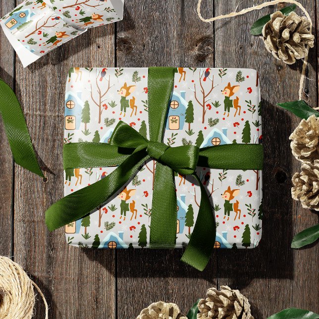 Papier Cadeau Laisser la neige mignonne Rennes Nom Vert Noël (Créateur téléchargé)