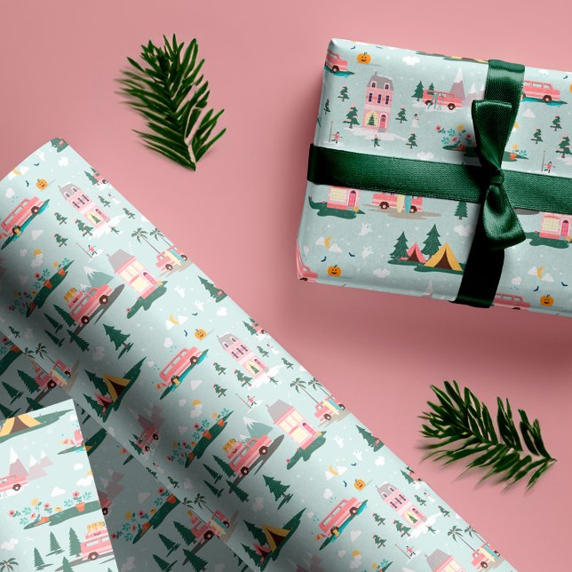 Papier Cadeau Laissez L'Aventure Commencer Chic Rose Retro Van V (Let The Adventure Begin Chic Pink Retro Van Travel Wrapping Paper)