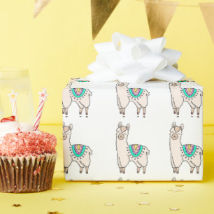 Papier Cadeau lama alpaga de dessin animé souriant et heureux