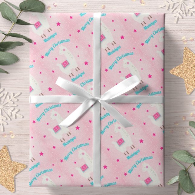 Papier Cadeau lama Noël Rose Neige Stars Personnalisé (Créateur téléchargé)