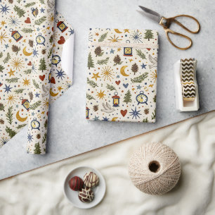 Papier Cadeau Lanterne de bois Motif folklorique d'hiver
