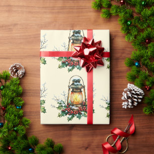 Papier Cadeau Lanterne festive nichée dans le houx – Lueur saiso