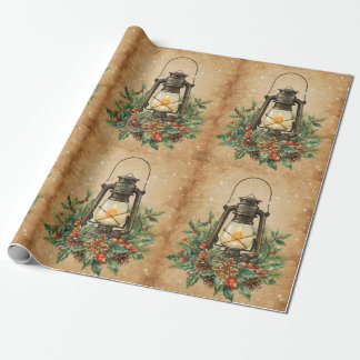 Papier Cadeau Lanterne vintage houx pin rustique festif hiver