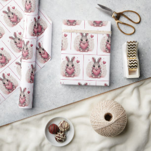 Papier Cadeau Lapin Aquarelle Au Coeur Rose